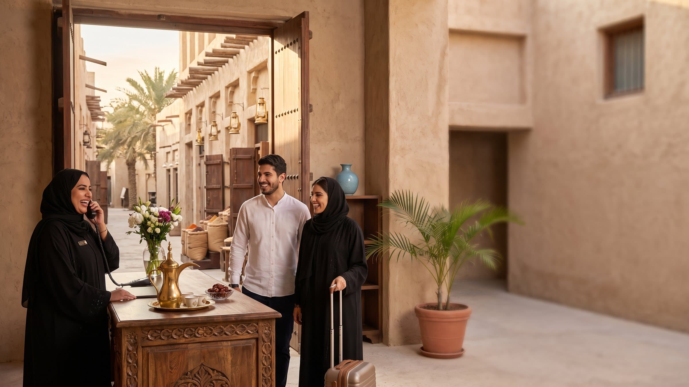 موظفة استقبال تبتسم وهي ترد على الهاتف في فندق صغير في الدوحة، وضيفان يصلان بحقيبة، وخلفهما عمارة قطرية تقليدية