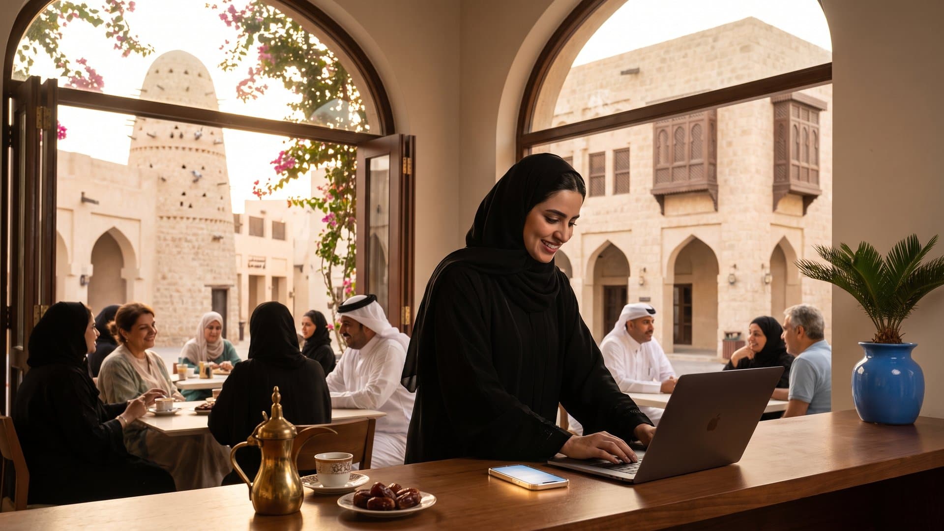 صاحبة مقهى تضبط كل شيء على الحاسوب بينما يضيء هاتفها على المنضدة